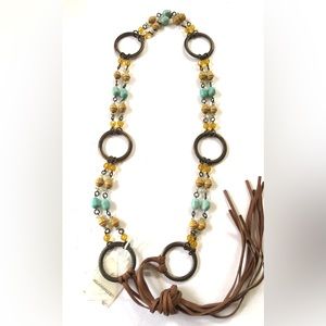 Liz Claiborne Turquoise & Yellow Beaded Metal Chain Belt  W/ Leather Ties -XL